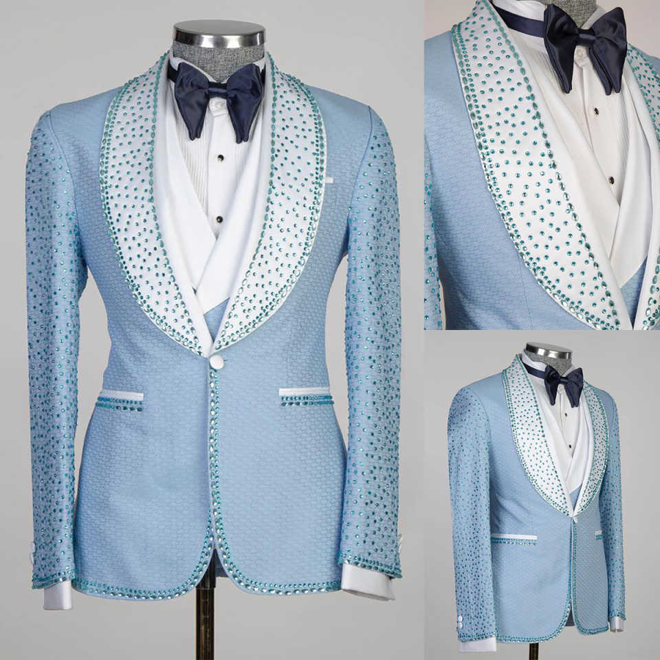 Modern Men's Suit Tailored Blazers Shawl Lapel Crystal Rhinestone Groom Jacket For Man 2 Piece Set One Button Prom Custom Made (Coat+Black P