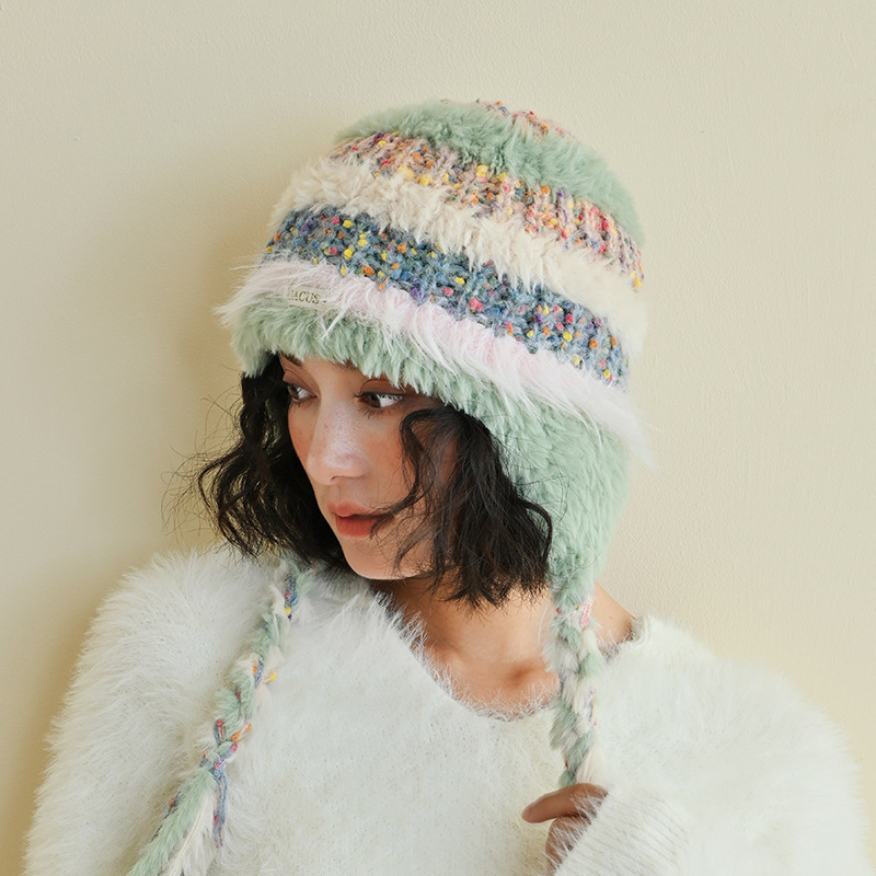 Womens Colorful Beanies Hats Autumn and Winter Dopamine-colored Knitted Hat Contrast Color All-matching Woolen Hat Ear Warm Ethnic Style Hat
