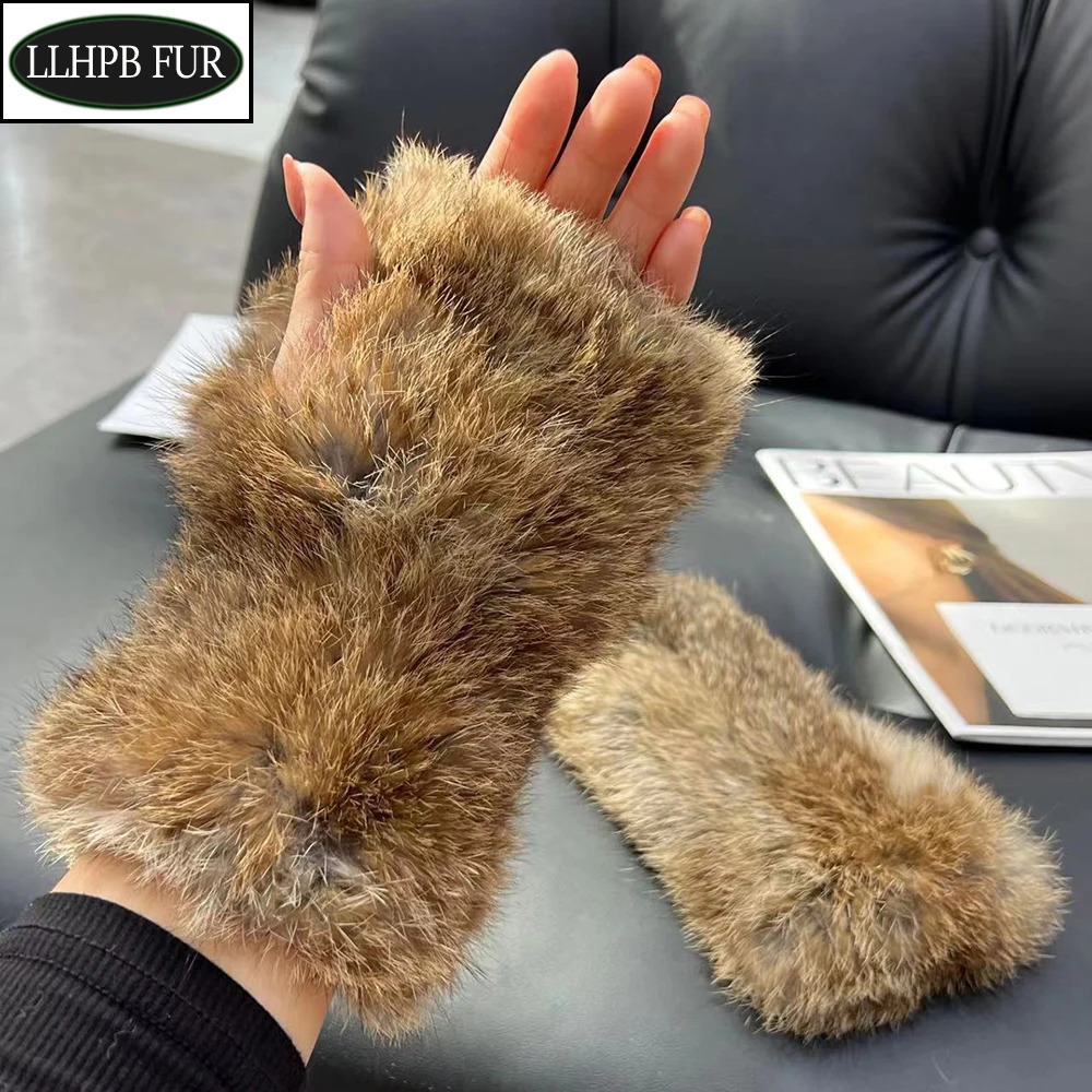 Real Rabbit Fur Gloves Winter Women Warm Soft 100% Natural Knitted Thick Female Genuine Mittens 241112