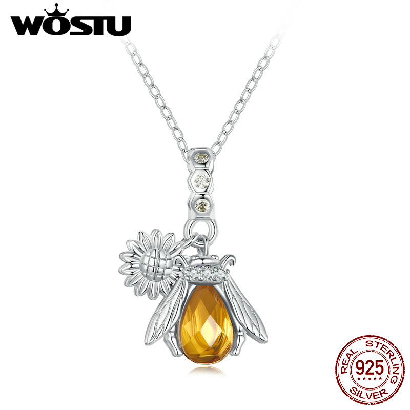 WOSTU Real 925 Sterling Brazil Citrine Crystal Honeybee Daisy Pendant Necklace For Women Wedding Party Bridal Gift Wholesale