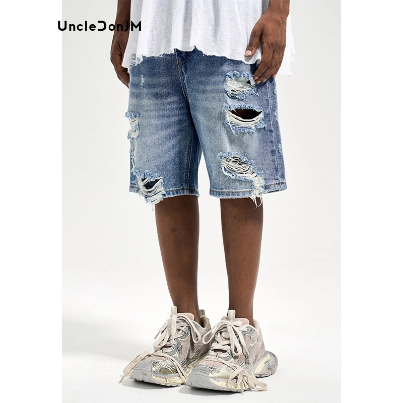 Mens Ripped Denim Shorts Frayed Vintage Mens Casual Loose Summer Jean Shorts Street Wear Baggy Jorts 241112