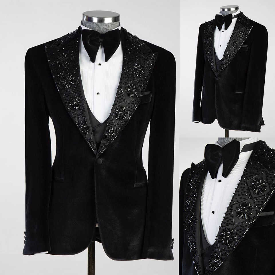 Vintage pour hommes Blazers Blazers Châle à revers Crystal en velours en velours pour homme 2 pièces Set un bouton Prom Made personnalisé (mantea