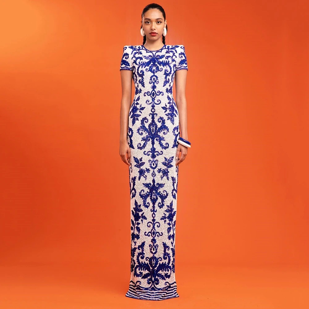 Fashion jacquard women lady vintage bandage dresses sexy short sleeve round neck long Chinese-style dress HL1221-image-963935565