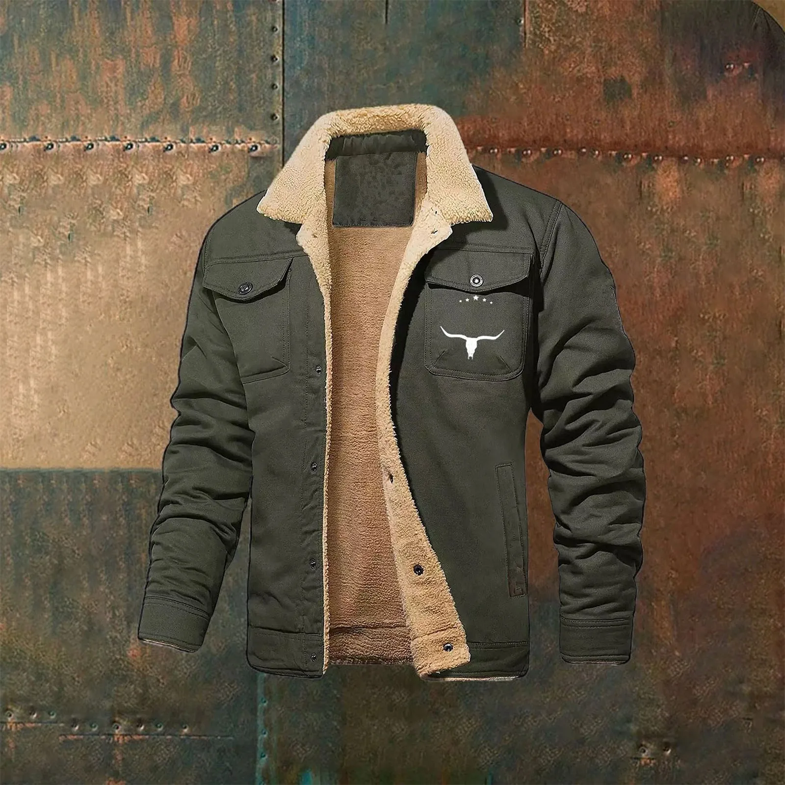 Men's Retro Western Winter Fleece Jacket Men's Mens Thicken Warm Wool Outerwear Foundry Big And Tall Jacket Zip up Coat Men