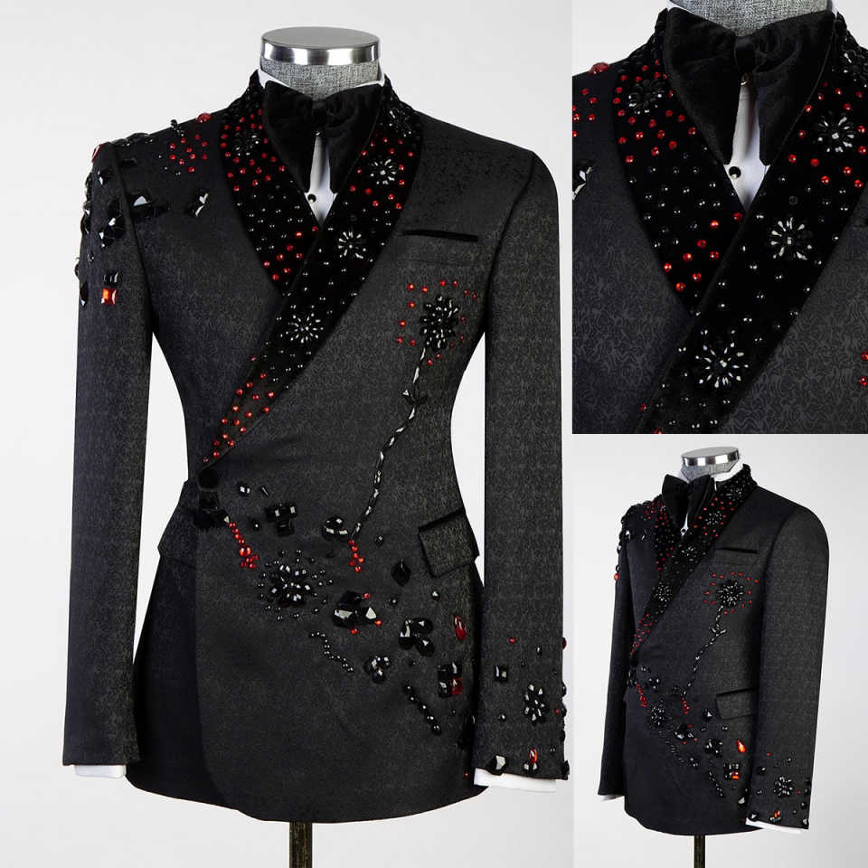 Costume de luxe pour hommes 2 pièces Set Blazers Blazers Crystal SHAOR LAPEL Ves à veste pour homme en strass d'un bouton Prom Made personnalisé