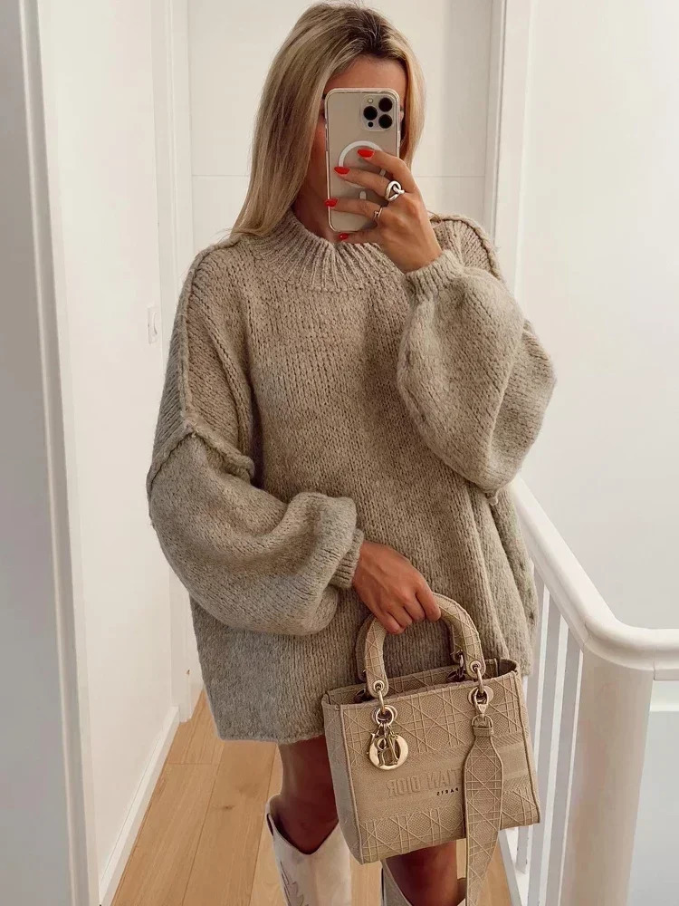 Mode col rond tricoté femmes pull automne à manches longues lanterne pull femmes haute rue chaud femmes mode fermeture éclair 241112