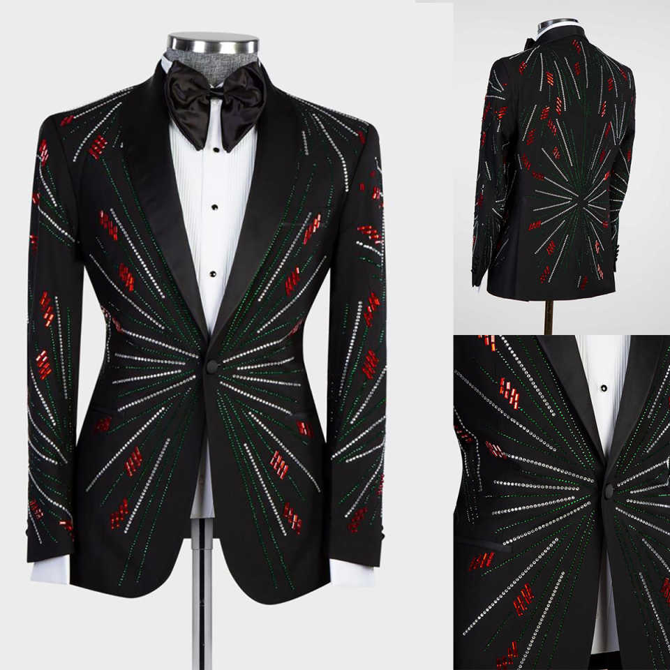 Unique Men's Suit 2 Pieces SetTailored Blazers Shawl Lapel Groom Jacket For Man Rhinestone One Button Prom Custom Made (Coat+Black Pants)