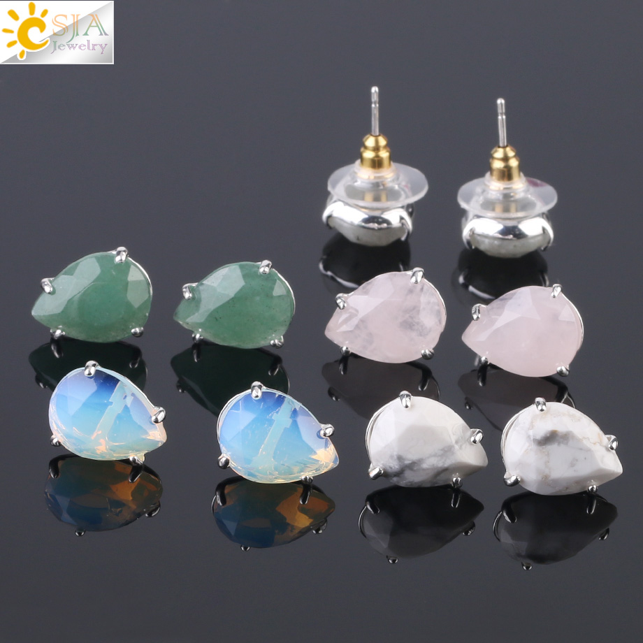 CSJA Water Drop Shape Stud Earrings Silver Color Natural Stone Faceted Pink Quartz Crystal Tiger Eye Healing Jewelry Female G035