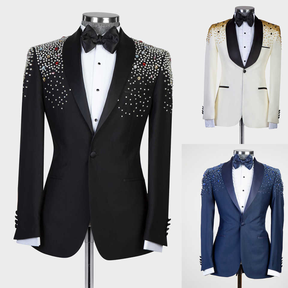Handsome Men's Suit 2 Pieces Set Crystal Rhinestone Tailored Blazers Shawl Lapel Groom Jacket For Man One Button Prom Custom Made (Coat+Blac