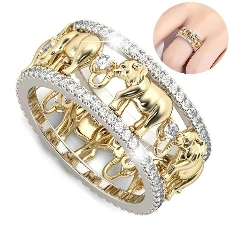 Anneaux de bande anneau d'éléphant à deux tons anneau décoratif creux Anneau animal à la mode zircone Anneau de mariage romantique Gift J241109
