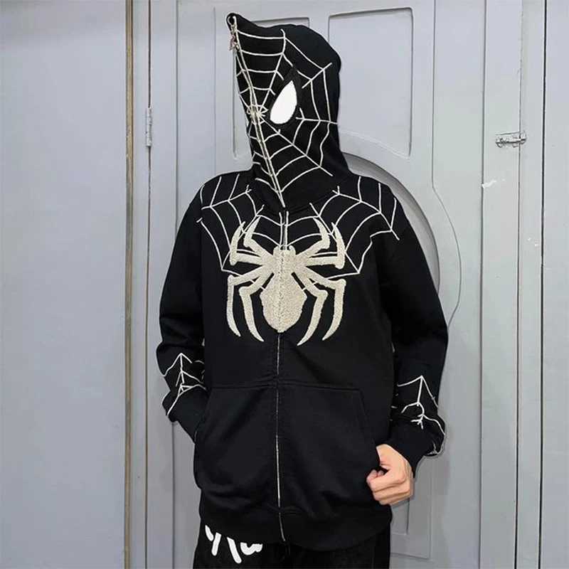 Men's Hoodies Sweatshirts Y2k Mens Spider Print Hoodie Womens Hip Hop Zipper Long Slip Jacket Coat Autumn Winter Harajuku Casual Loose Hoodi