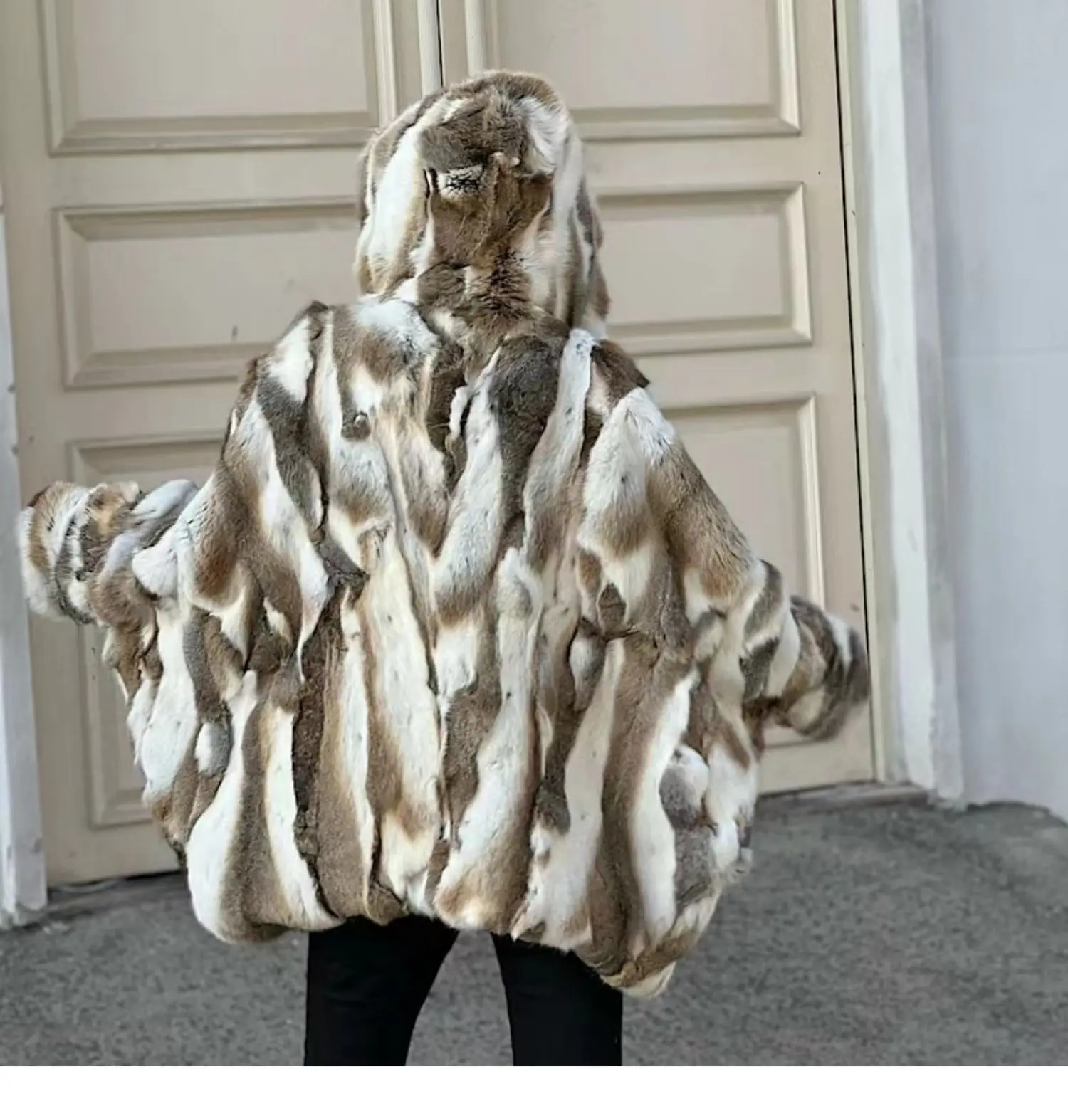 natural rabbit fur coat with hood womens fashionable loose fur leather jacket 241112