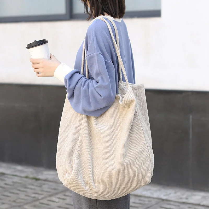 Womens Retro Corduroy Shoulder Bag Large Capacity Womens Large Handbag Folding Reusable Shopping Bag Fashion Bag 241112