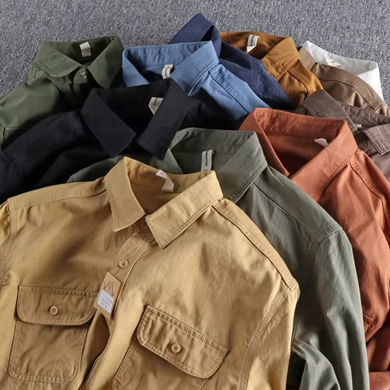 100% Cotton Plain Workwear Shirts for Men Spring Autumn Simple Basic Blank Long Sleeve Blouse Casual Loose Retro Fall Daily Tops 241113