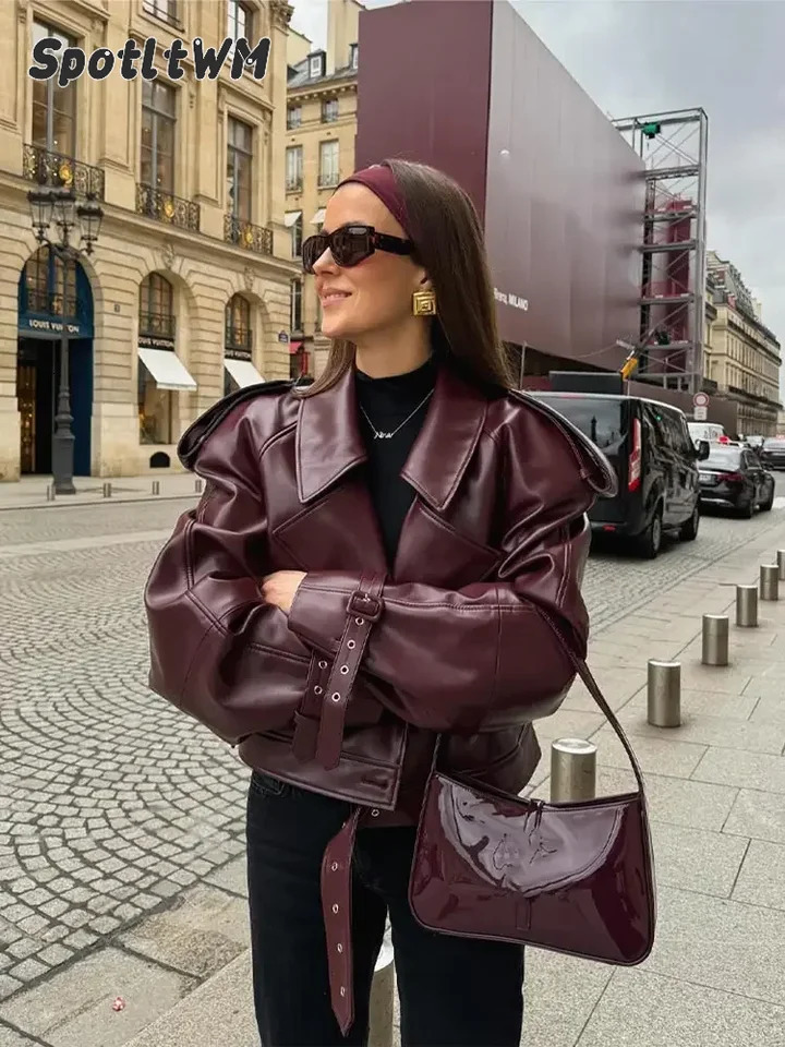 Womens woven lapel cut leather jacket retro zipper long sleeved motorcycle bike jacket fashionable casual retro loose street jacket 241112