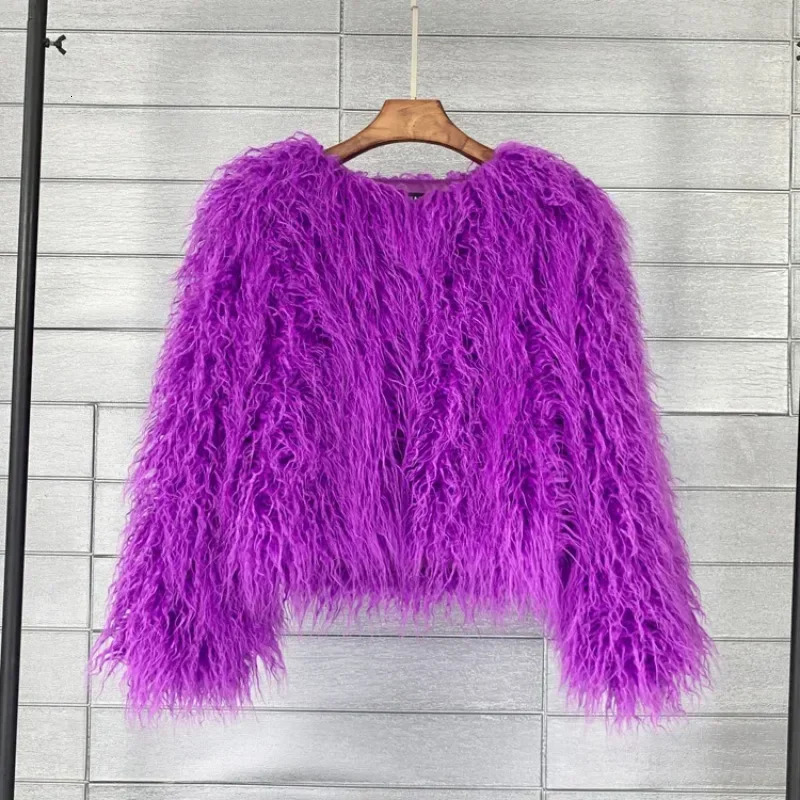 Pink faux fur coat womens clothing O-neck plush jacket winter coat womens coat long sleeved fluffy jacket 241112