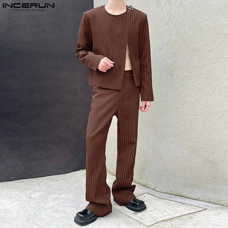 INCERUN Mens Casual Solid Color Set with Stripe O-Neck Long Sleeve Set Split Loose Custom Set Korean Fashion Clothing 241112