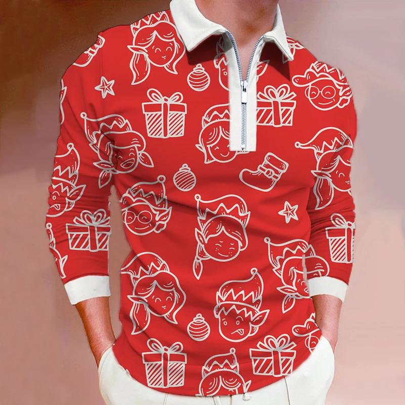 Men de printemps automne à manches longues 3D Impression numérique Christmas Zipper Polo Men 100% Polyester Fashion Tops Polo Shirt 241113