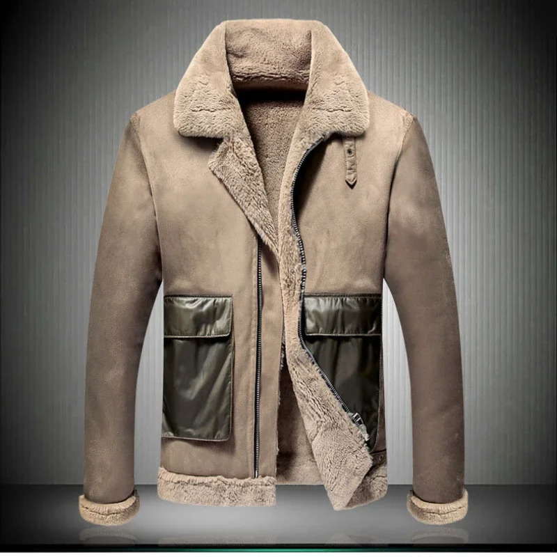 Men Suede Leather Jacket Winter Warm Outwear Faux Lamb Wool Fur Coat Buckles Plus Size Drop 241108