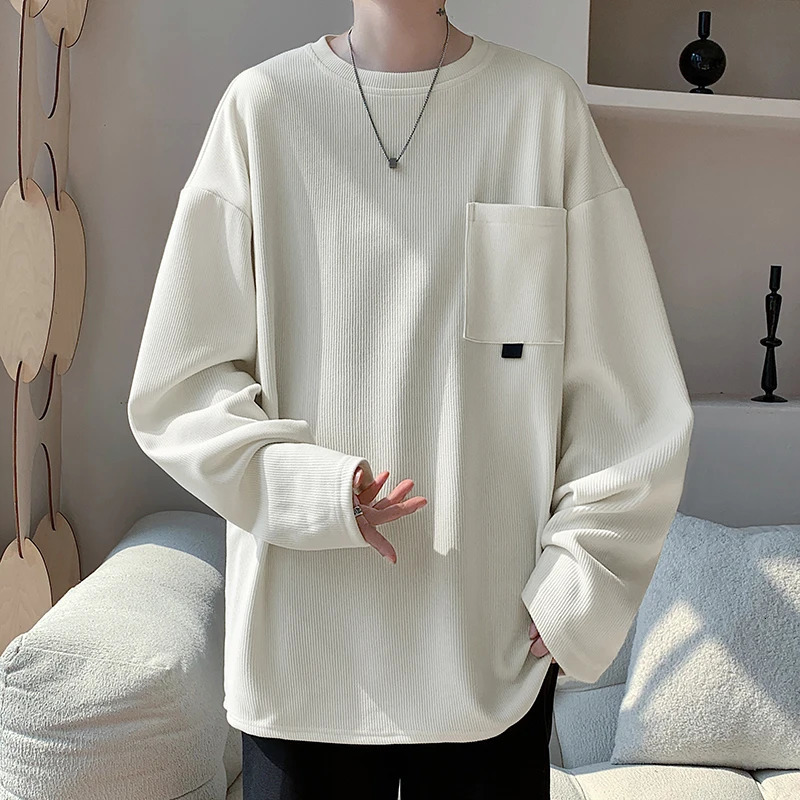 Autumn Long Sleeved T-shirt Men Fashion White Casual T Shirt Men Oversized Streetwear Korean Loose Pleated T Shirt Mens Top 241113