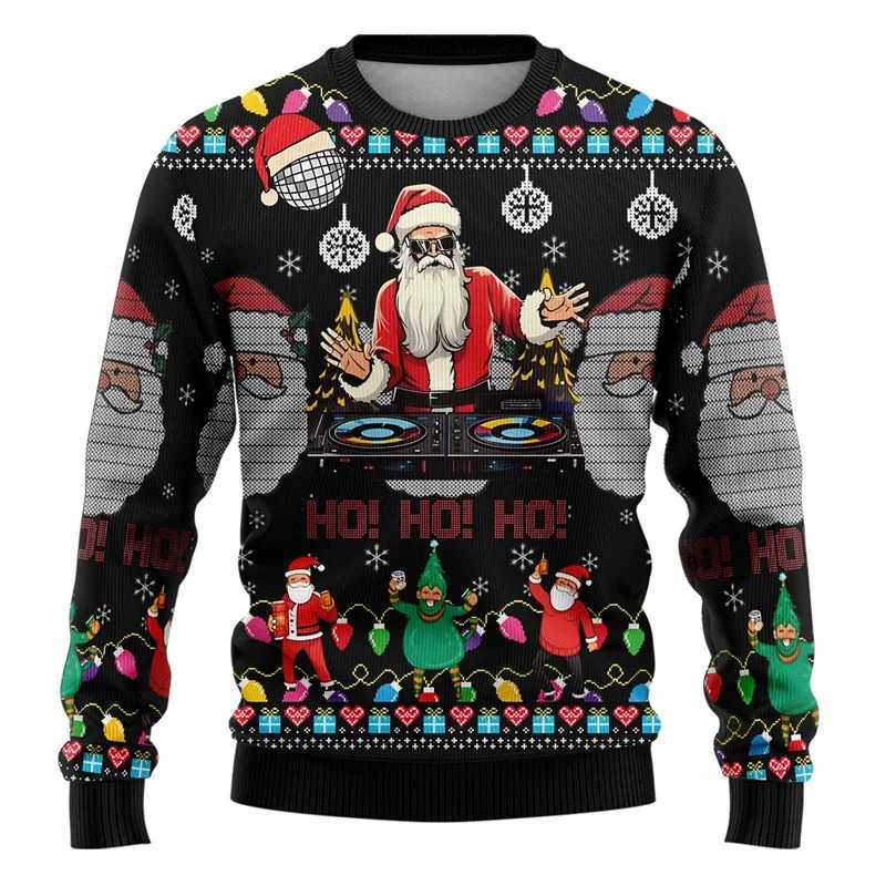 Mode 3D imprimé laid châtain de Noël Men DJ Santa Claus Hoodies Noël Fête du cou rond