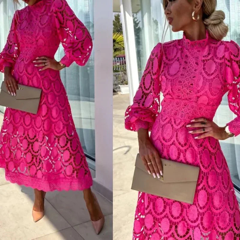 Spring French Lace Dress For Women Elegant Stand Collar Commute Solid Color Long Sleeves Dresses Summer British Style dress 240403