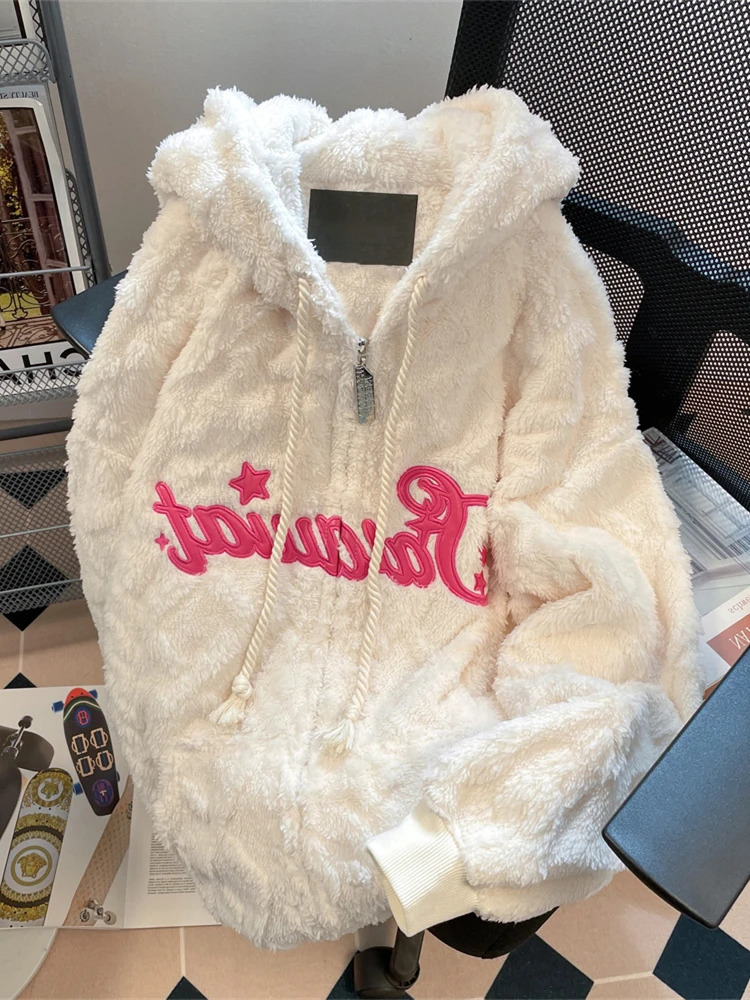 Womens white artificial rabbit fur coat warm and fashionable Harajuku 90s retro hooded sweater plush teddy coat 90s and 2000s winter clothing 241