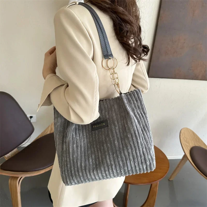 Corduroy Womens Shoulder Bag 2024 Korean Large Womens Handbag Cotton Clothing Shopping Bag Womens Handbag 241112