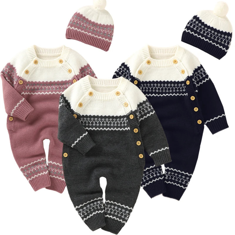 Pantalon de bébé tricoté motif imprimé né garçons et filles chapeau de combinaison set d'automne d'hiver préscolaire bébé plein corps vêtements 2