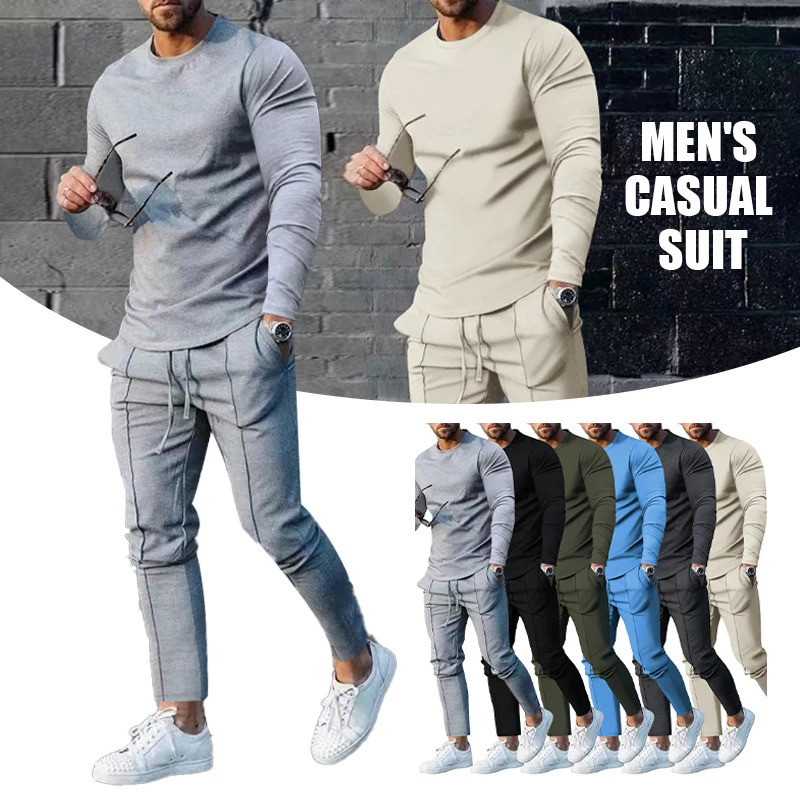 Mens automne ultra-mince de sportswear deux pièces rond coule à manches longues pantalon t-shirt et pantalon de survêtement.