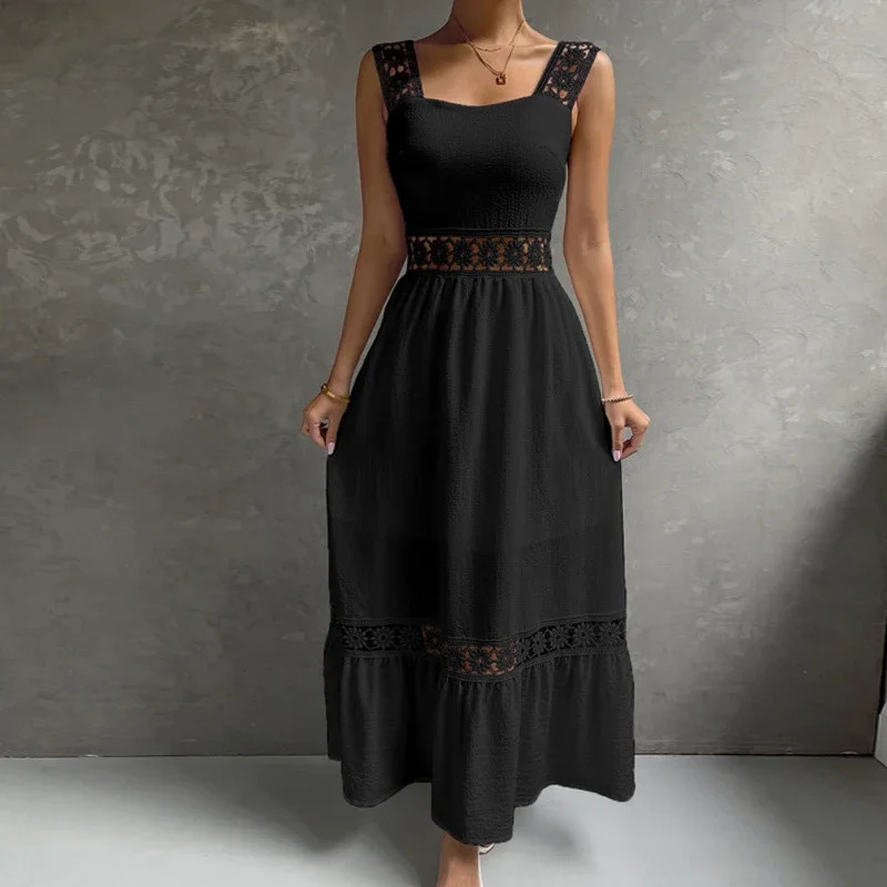Women Square Collar Hollow Out Long Dress Summer Sleeveless Solid Big Swing Dresses Elegant Party Date Vestido Playa 240403