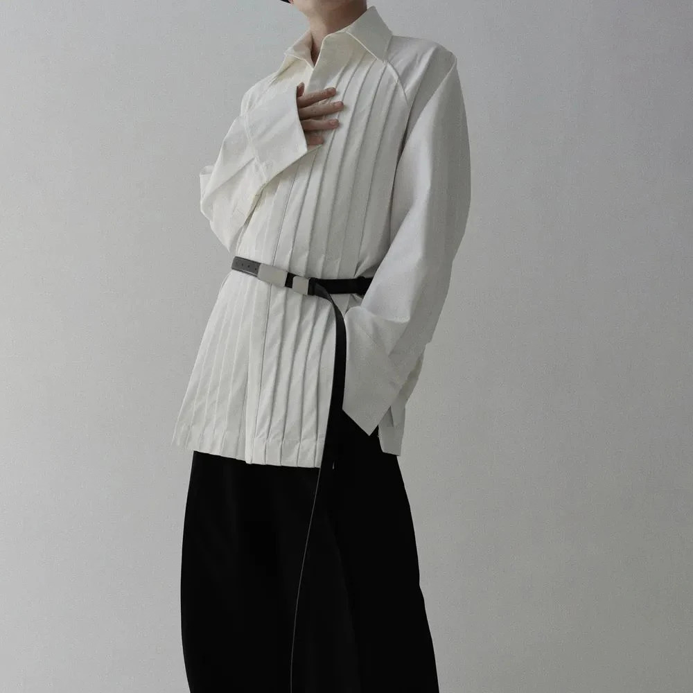 Mentille plissée française 2024 Automne tendance lâche confortable décontractée solide simple mi-longueur chemise à manches longues pour hommes 2