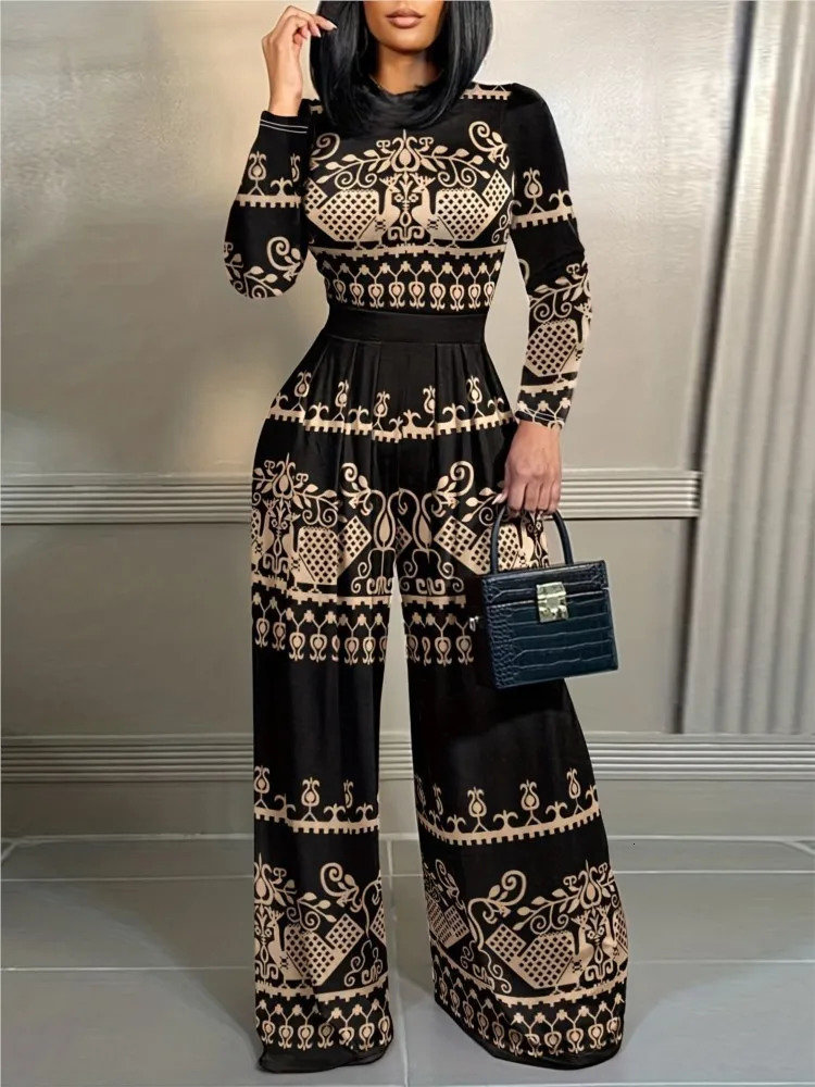 Elegant womens stand up collar ultra-thin long sleeved bodysuit autumn and winter fashionable printed wide leg jumpsuit casual waist jumpsuit 241
