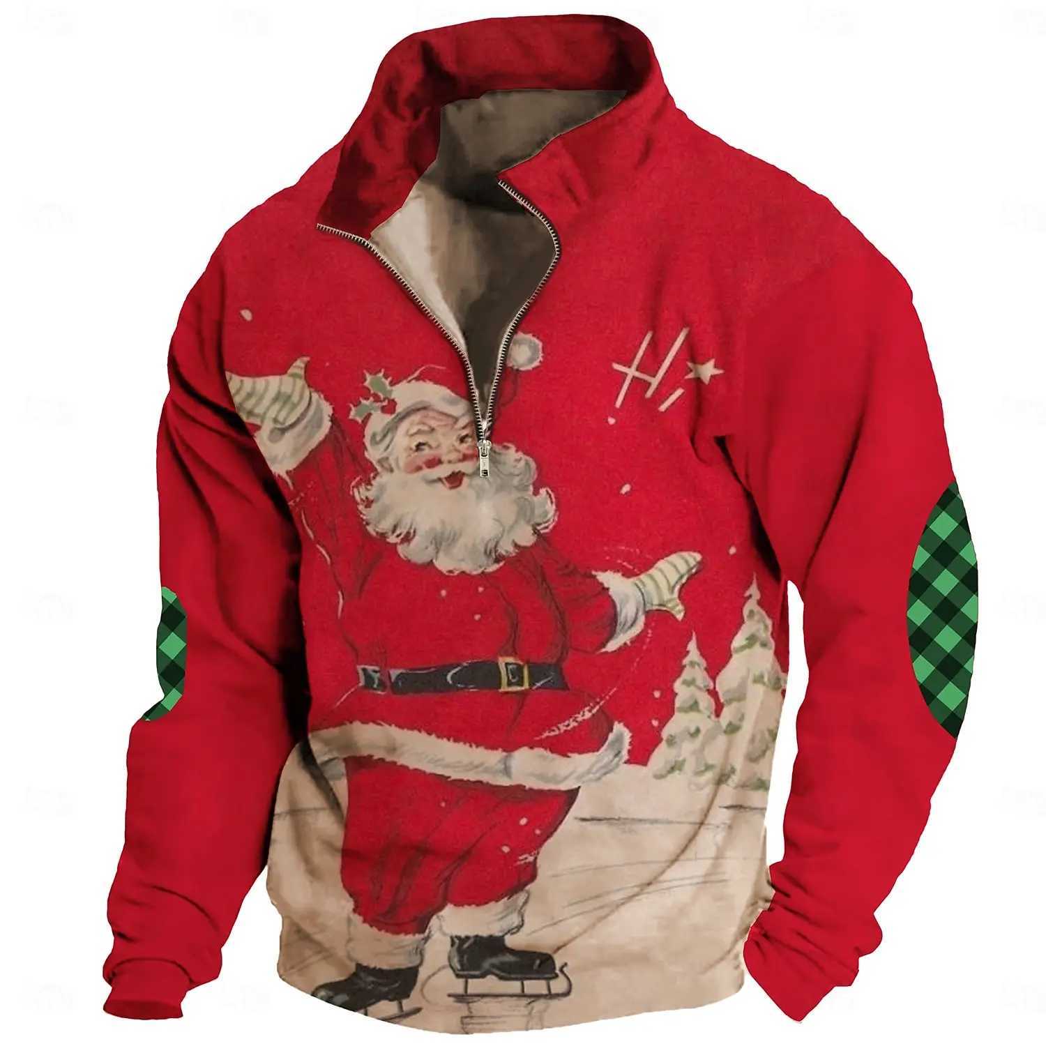 Santa Claus Print Mens Half Zip Sweethirts à manches longues AUTOMNE CHRISMA COSSE COLLAR COLLAR LOBE TOPS PLAC