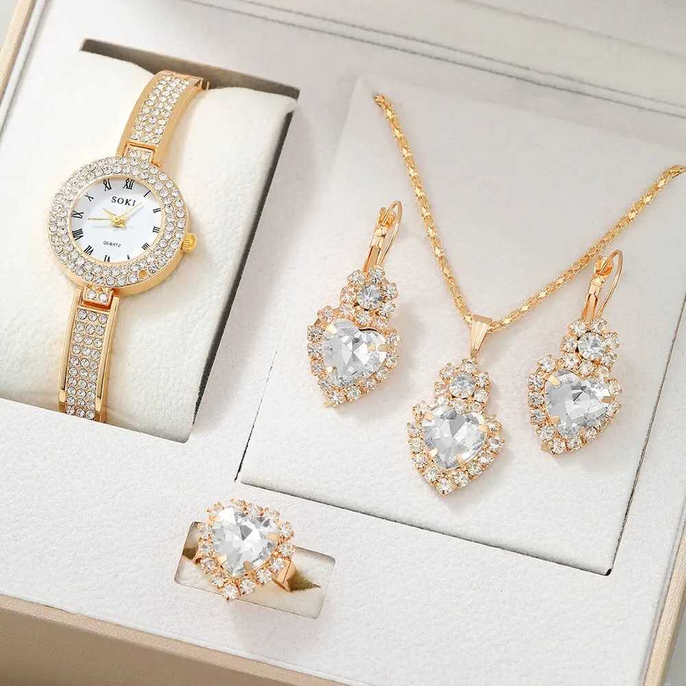 5 pièces montre à Quartz délicate avec ensemble de bijoux mode ronde femmes montre strass collier boucles d'oreilles bague SetXJ241109