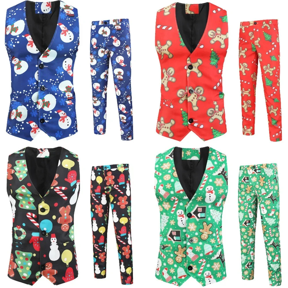 Men Fashion Christmas Printed Suit Two-piece Dress Suits Pants Vest Business Casual Wedding Formal Party Classic Suit 241113