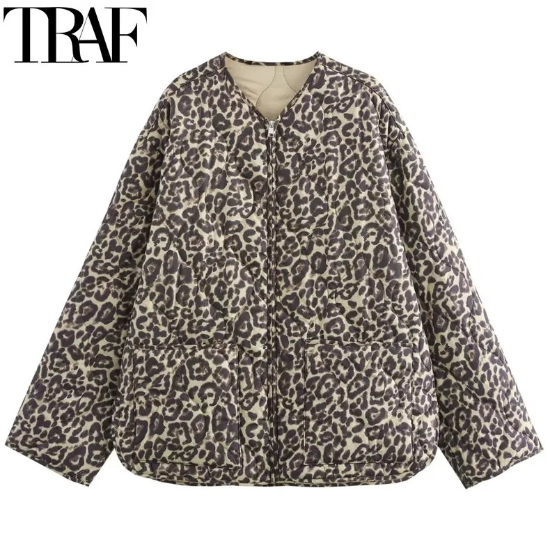 TRAF Parkas Leopard Print Quilted Jacket Women Vintage Long Sleeve Padding Warm Winter Woman Coat Zip Up Short Padded 241108
