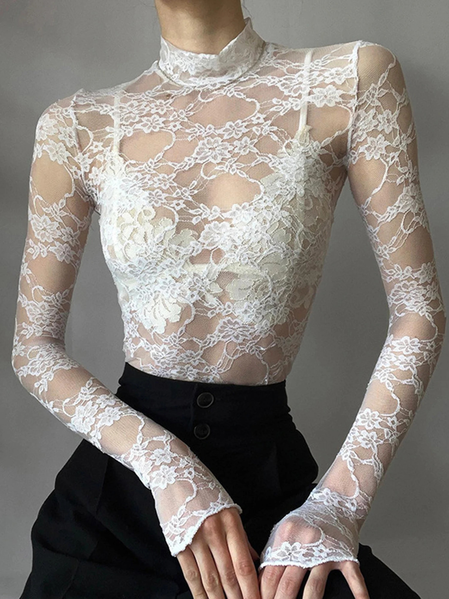Womens lace and lace ultra-thin T-shirt long sleeved plain collar crop top white see through shirt top fairy fold 2000s streetwear 241112