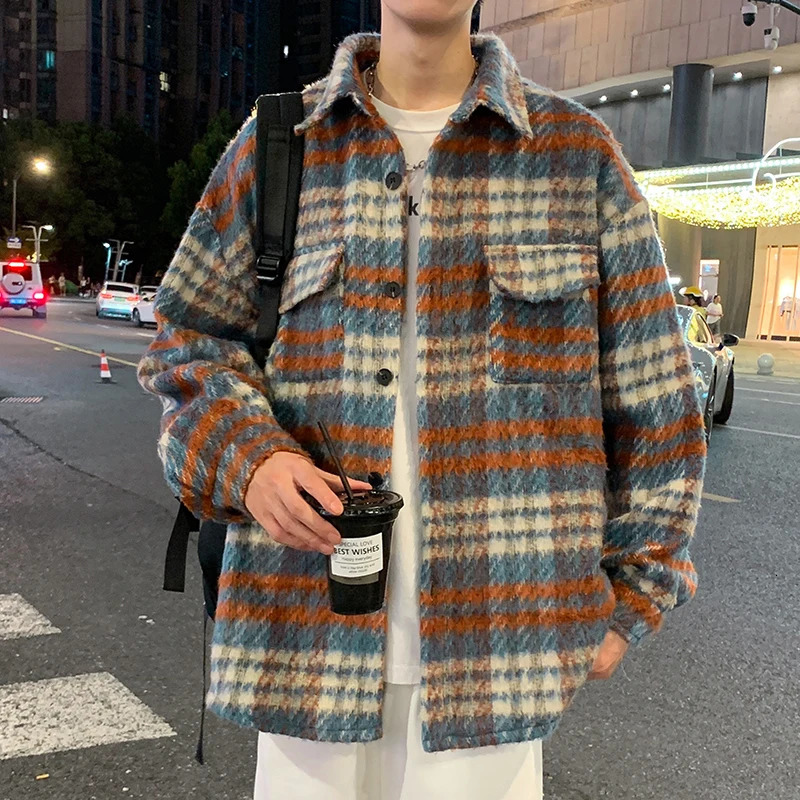 Winter Woolen Coat Men Warm Retro Thick Plaid Woolen Jacket Men Streetwear Korean Loose Short Woolen Coat Mens Thicken Jackets 241113