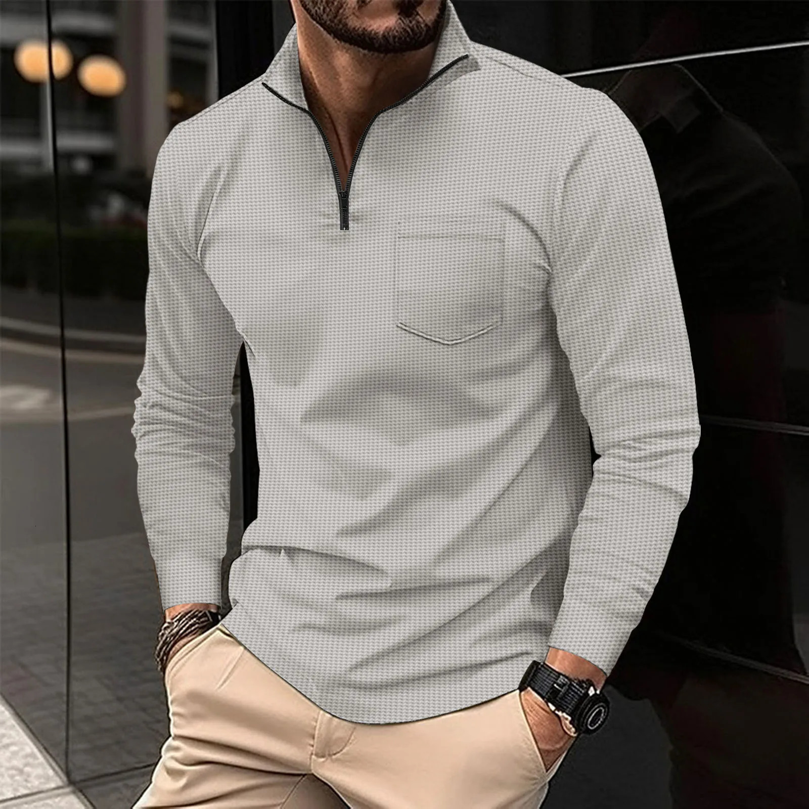 Spring Fall 2024 mens casual long sleeve POLO shirt Stylish zipper pocket comfort classic Waffle sports polo shirt top 241113