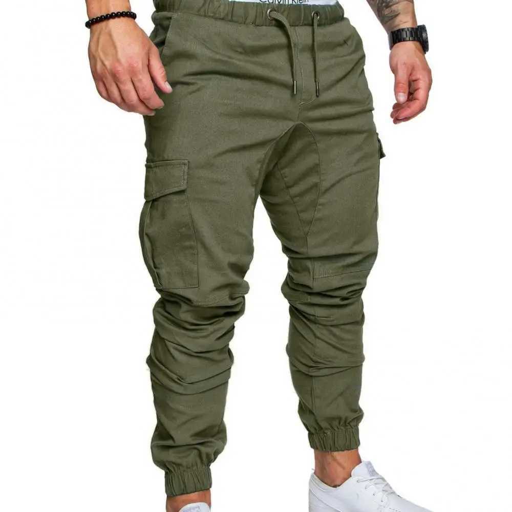 Men de couleur unie décontractée Poches de taille drstring cheville lié pantalon de cargaison skinny pantalon de travail de randonnée en plein ai