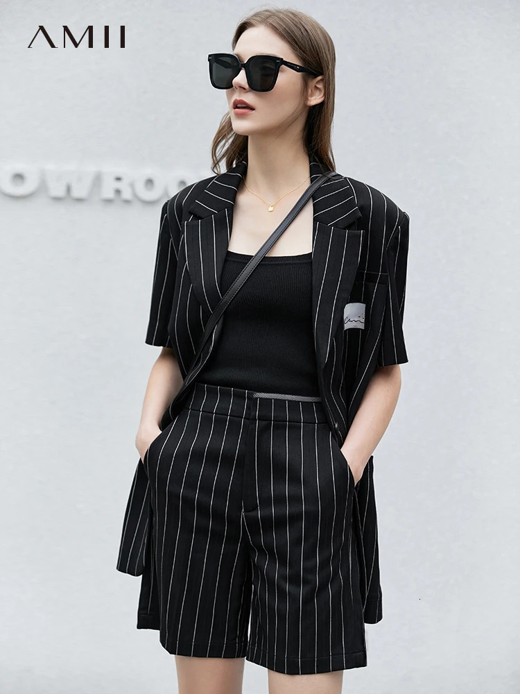 Amii Minimalist Womens Jacket Summer Short sleeved Striped Jacket Casual Shorts Office Womens Jacket 12240114 241112