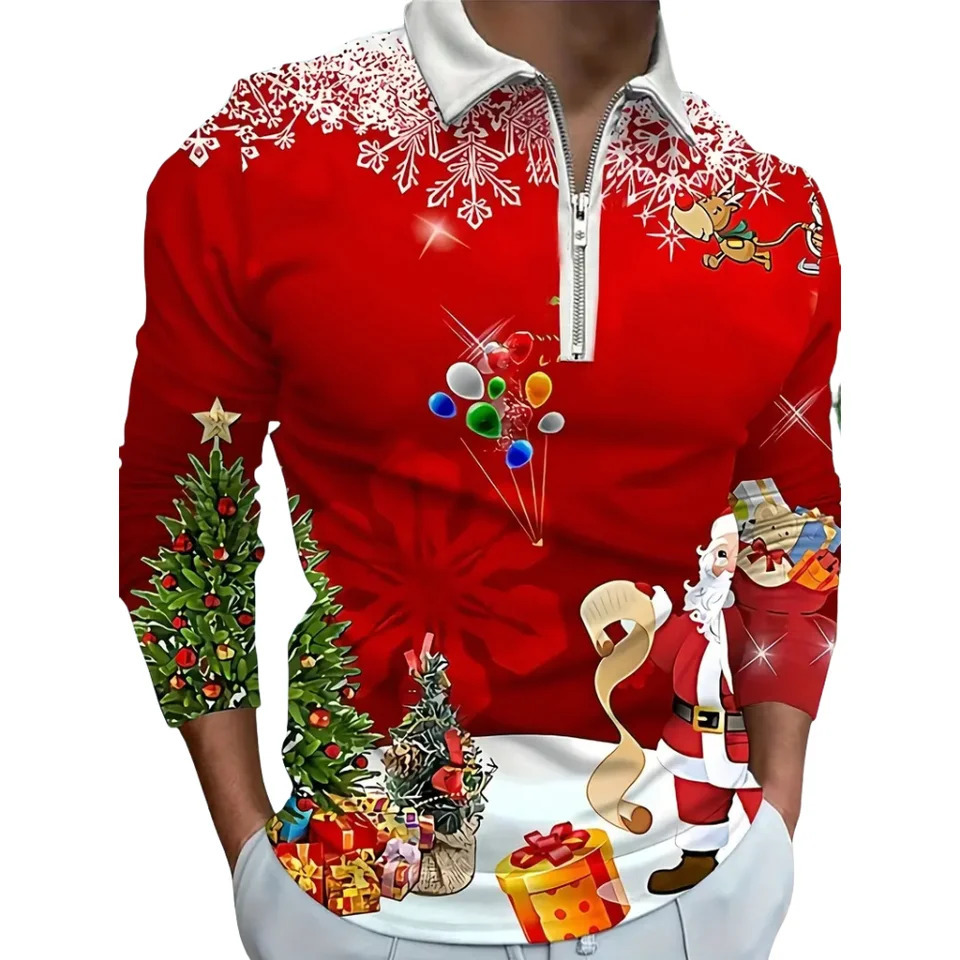 Collection de Noël Impressions graphiques Polo pour hommes Novel Lapel Men Men à manches longues T-shirt Outdoor Sports 2024 Golf Wear Men 241113