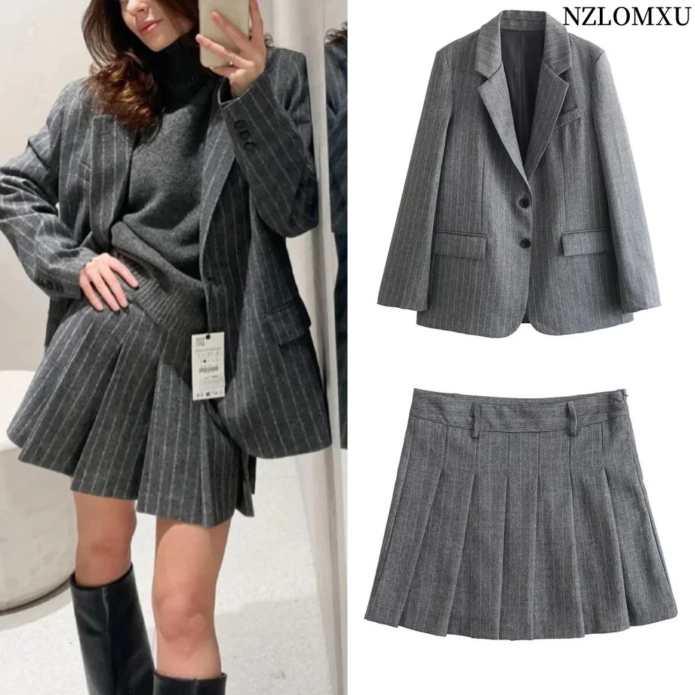 Spring Womens Fashion Grey 2-piece Set Womens Knitted Pocket Ultra Thin Jacket CoatZipper Versatile Womens Mini Skirt 241112