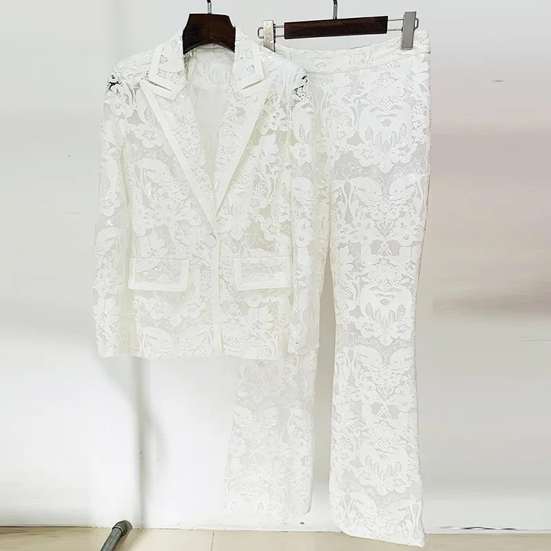 JAMERARY Fashion Mesh Embroidered Blazers Jackets Wide Leg Pants Sequins Suit Coat Women White Lace Two Piece Set 241113