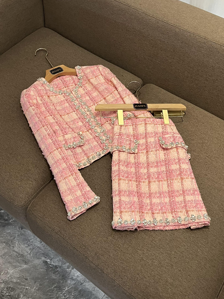 2025 Spring Pink Plaid Rhinestone Two Piece Dress Sets Long Sleeve Round Neck Tweed Single-Breasted Coat + High Waist Short Skirt Set Two Piece S