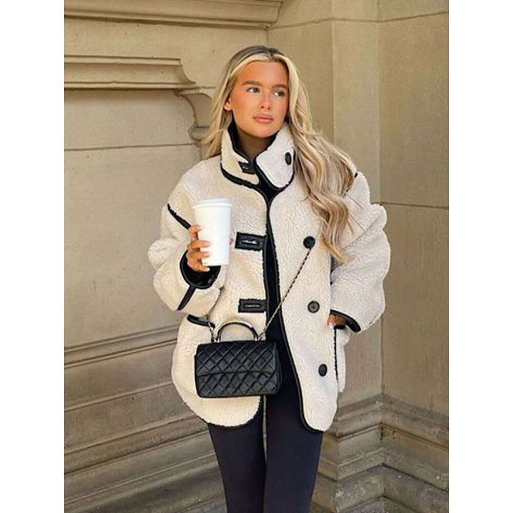 Casual Lab Wool Patchwork Women Jacket Loose Single Breasted Turn-Down Collar Female Coats 2024 Autumn Winter Soft Lady Outwear