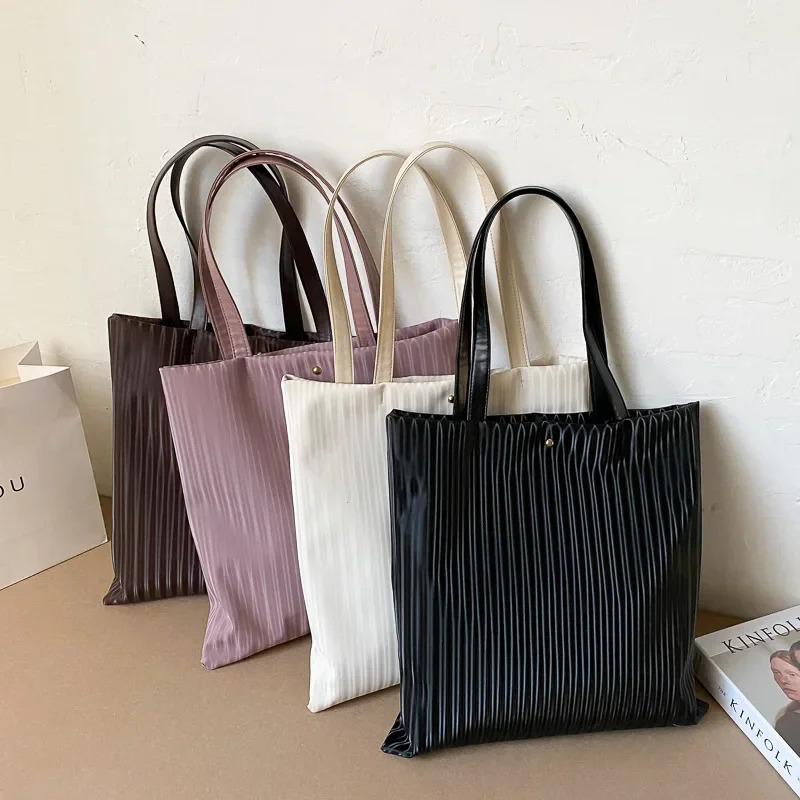 Wave Retro Handbag Spring Summer Large Capacity Womens Handbag Solid Color Stripe PU Leather Cork Lining 241112