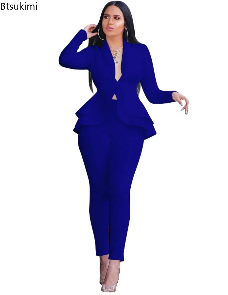 Womens Formal Set 2PCS Tracksuit Full Set Ruffle Jacket Pencil Pants Set Two Piece Set Office Womens Uniform 241112
