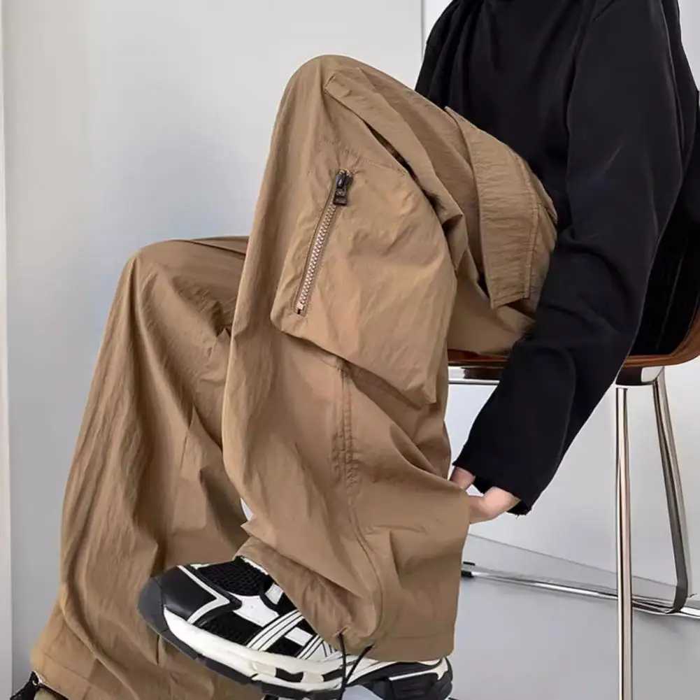 2024 Maillard Style Men Cargo Pants New Brown Drstring Wide Leg Straight Leg Pants lti Pockets Hip Hop Streetwear TrousersXJ241112